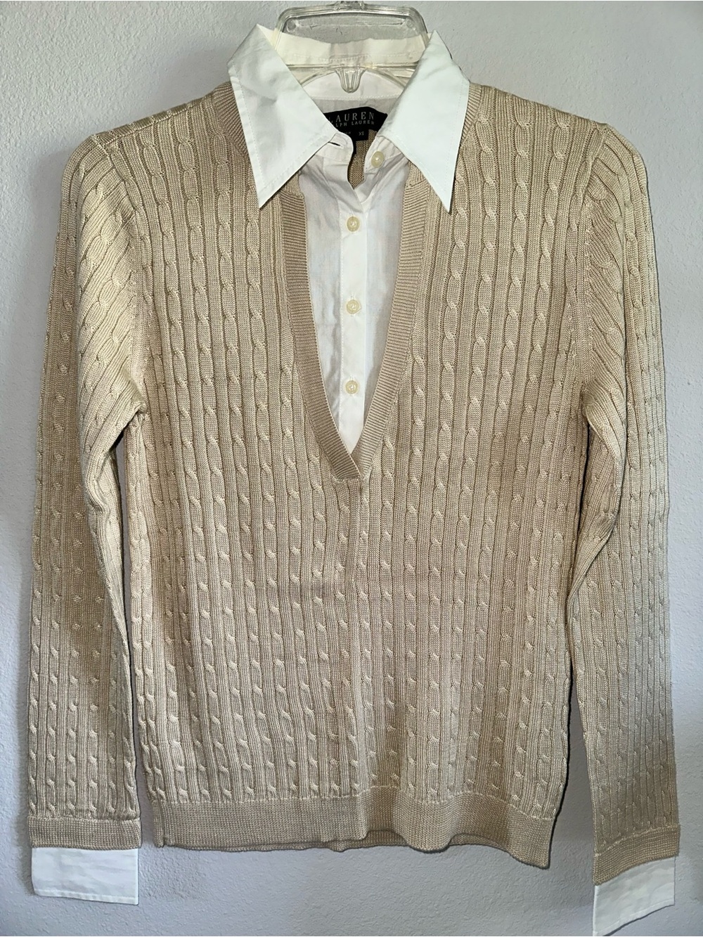 Lauren Ralph Lauren Women’s Cream Cable V-Neck Sweater silk & cotton size XS